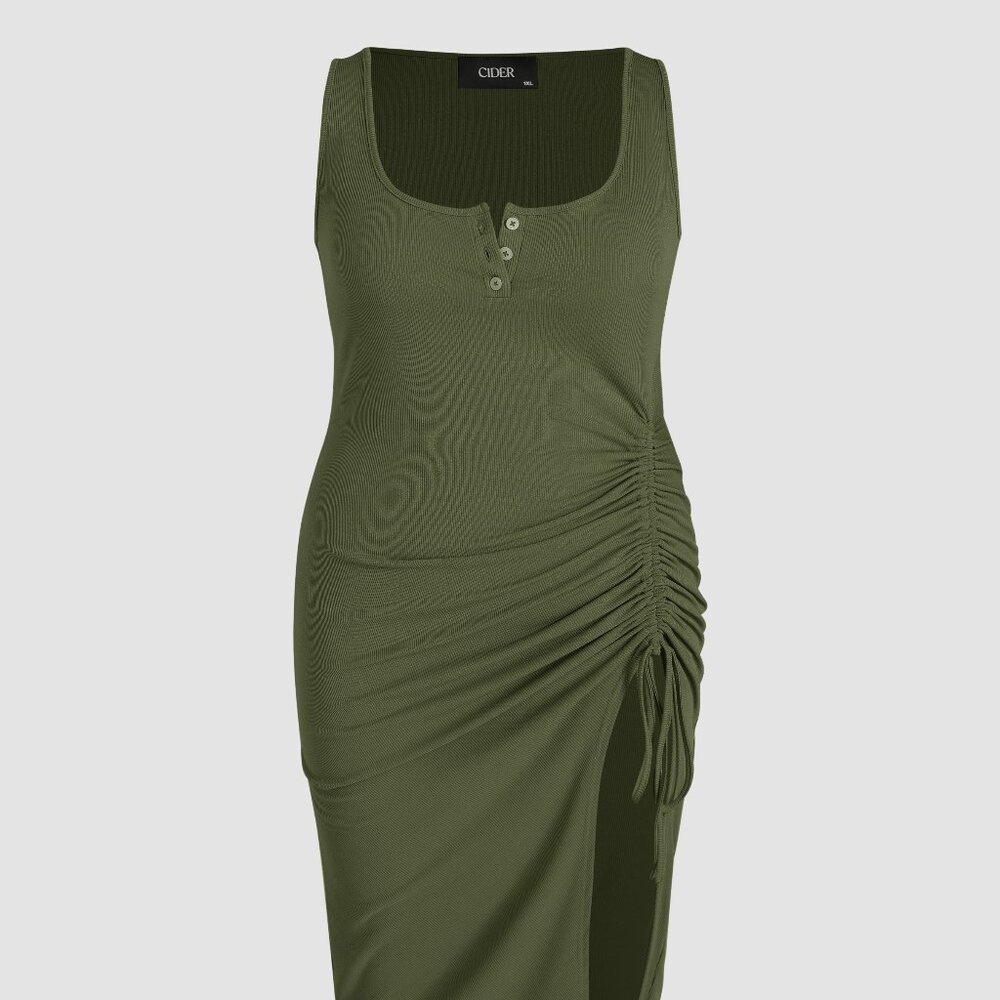 Cider Rib Button Drawstring Midi Dress